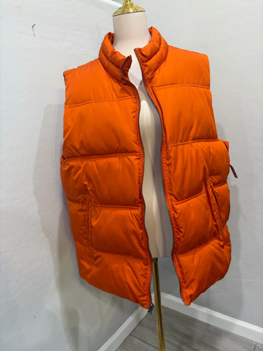 Merona‎ Orange puffer Vest with Plaid-Lined Interior